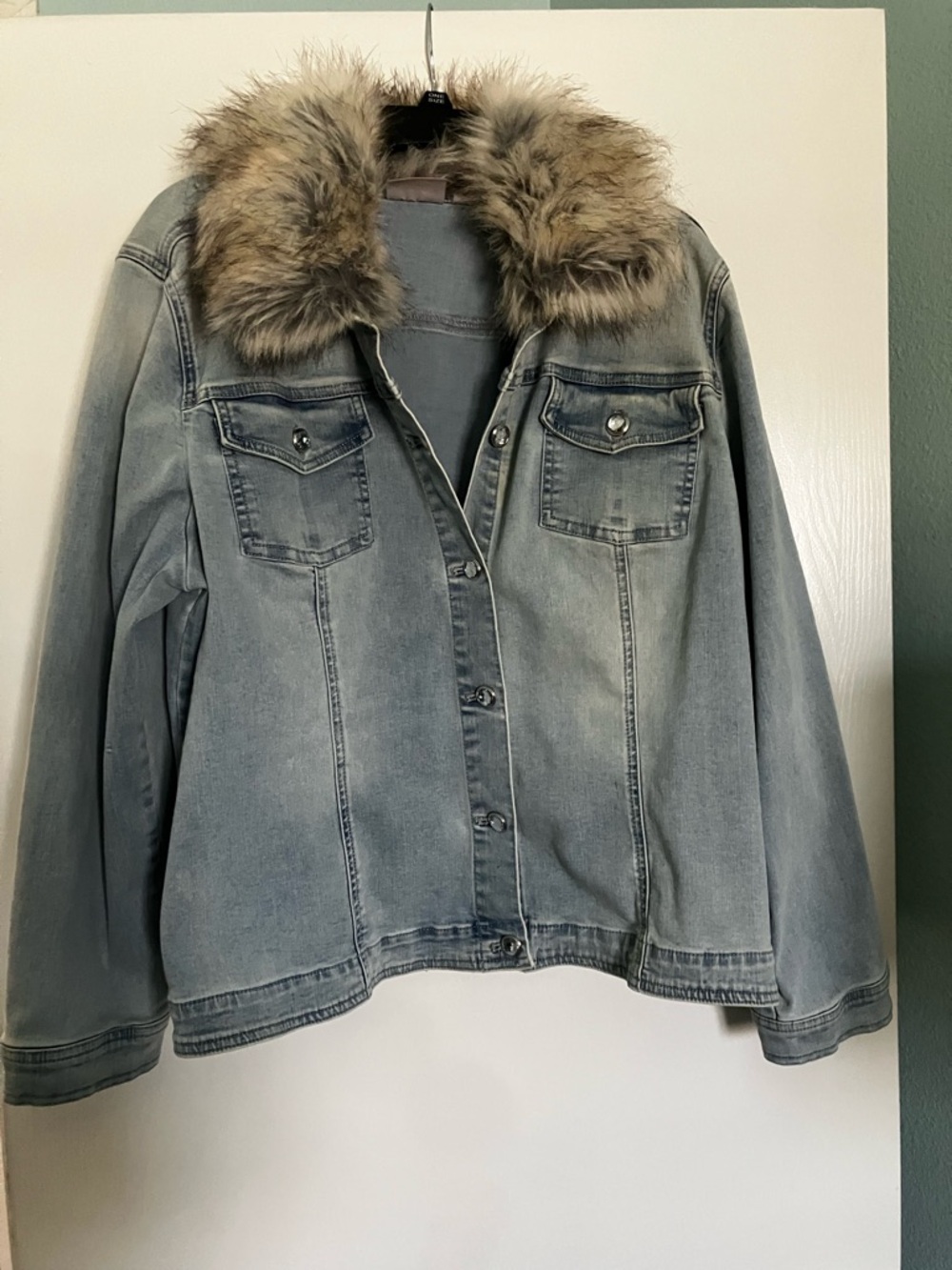 NWOT- Chico's Light Blue Denim Jacket with removable Faux Fur Collar
